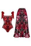 Costume da bagno a due pezzi con spalline nere rosse e copertura