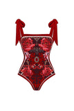 Costume da bagno a due pezzi con spalline nere rosse e copertura