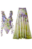 Costume da bagno verde floreale a 2 pezzi con scollo a V e abito da spiaggia