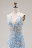 Abito da cerimonia lungo con spacco in stile sirena azzurro cielo con perline