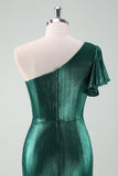 Verde scuro metallizzato una spalla sirena Cocktail Dress con volant