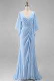 Abito della madre della sposa in chiffon azzurro azzurro A linea a V con maniche