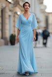 Abito della madre della sposa in chiffon azzurro azzurro A linea a V con maniche