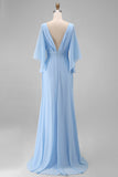 Abito della madre della sposa in chiffon azzurro azzurro A linea a V con maniche