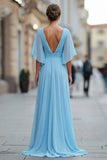 Abito della madre della sposa in chiffon azzurro azzurro A linea a V con maniche