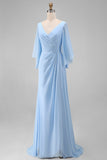 Abito della madre della sposa in chiffon azzurro azzurro A linea a V con maniche