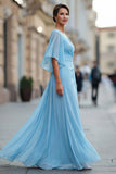 Abito della madre della sposa in chiffon azzurro azzurro A linea a V con maniche