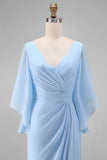 Abito della madre della sposa in chiffon azzurro azzurro A linea a V con maniche