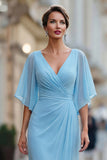 Abito della madre della sposa in chiffon azzurro azzurro A linea a V con maniche