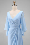 Abito della madre della sposa in chiffon azzurro azzurro A linea a V con maniche