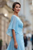 Abito della madre della sposa in chiffon azzurro azzurro A linea a V con maniche