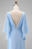 Abito della madre della sposa in chiffon azzurro azzurro A linea a V con maniche