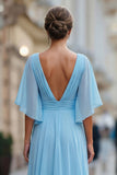 Abito della madre della sposa in chiffon azzurro azzurro A linea a V con maniche
