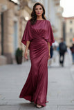 Abito della madre della sposa con scerone in chiffon borgogna e maniche