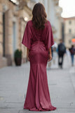 Abito della madre della sposa con scerone in chiffon borgogna e maniche