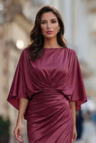 Abito della madre della sposa con scerone in chiffon borgogna e maniche