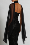 Abito lungo modello sirena nero scintillante con scollo a cuore e dettagli in scarf