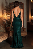 Vestito a spalline scintillanti verde scuro con spalline lunghe a paillettes
