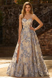 Dusty Blue Jacquard A Line Corsetto A Strapless Long da Cerimonia con fessura
