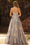 Dusty Blue Jacquard A Line Corsetto A Strapless Long da Cerimonia con fessura