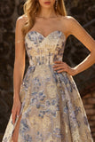Dusty Blue Jacquard A Line Corsetto A Strapless Long da Cerimonia con fessura