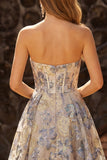 Dusty Blue Jacquard A Line Corsetto A Strapless Long da Cerimonia con fessura