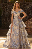 Jacquard blu polveroso a spalle Corsetto A Line vestito da Cerimonia lunghe scale con fessura