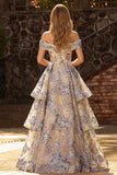 Jacquard blu polveroso a spalle Corsetto A Line vestito da Cerimonia lunghe scale con fessura