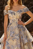 Jacquard blu polveroso a spalle Corsetto A Line vestito da Cerimonia lunghe scale con fessura