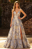 Jacquard Spaghetti Spalline blu Polverosa Un corsetto in linea Abito da ballo lungo con fessura
