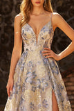 Jacquard Spaghetti Spalline blu Polverosa Un corsetto in linea Abito da ballo lungo con fessura