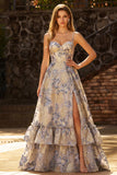 Spalline blu polverose Jacquard con volant A Corsetto Lungo Vestito da Cerimonia con fessura