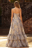 Spalline blu polverose Jacquard con volant A Corsetto Lungo Vestito da Cerimonia con fessura