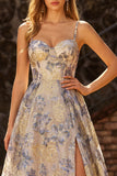 Spalline blu polverose Jacquard con volant A Corsetto Lungo Vestito da Cerimonia con fessura