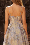 Spalline blu polverose Jacquard con volant A Corsetto Lungo Vestito da Cerimonia con fessura