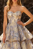 Abito da Cerimonia a a livelli di corsetto Jacquard blu polveroso senza spalline
