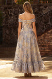 Abito da Cerimonia blu polveroso Jacquard A Line Corset