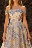 Abito da Cerimonia blu polveroso Jacquard A Line Corset