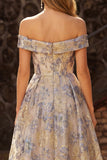 Abito da Cerimonia blu polveroso Jacquard A Line Corset