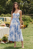 Corsetto a fiori bianchi blu A-Line in tulle con spalline spaghetti abito midi