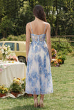 Corsetto a fiori bianchi blu A-Line in tulle con spalline spaghetti abito midi