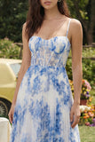 Corsetto a fiori bianchi blu A-Line in tulle con spalline spaghetti abito midi