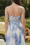 Corsetto a fiori bianchi blu A-Line in tulle con spalline spaghetti abito midi