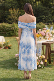 Vestito midi a corsetto a spalle con corsetto bianco blu e a fessura
