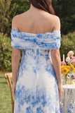 Vestito midi a corsetto a spalle con corsetto bianco blu e a fessura
