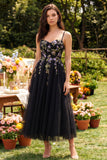 Abito Midi nero con spalline spaghetti in tulle applicato
