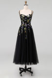 Abito Midi nero con spalline spaghetti in tulle applicato