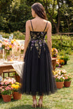 Abito Midi nero con spalline spaghetti in tulle applicato