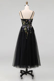 Abito Midi nero con spalline spaghetti in tulle applicato