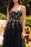 Abito Midi nero con spalline spaghetti in tulle applicato